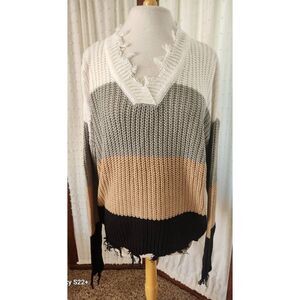 Andree white gray tan & black color block sweater distressed w/fringe